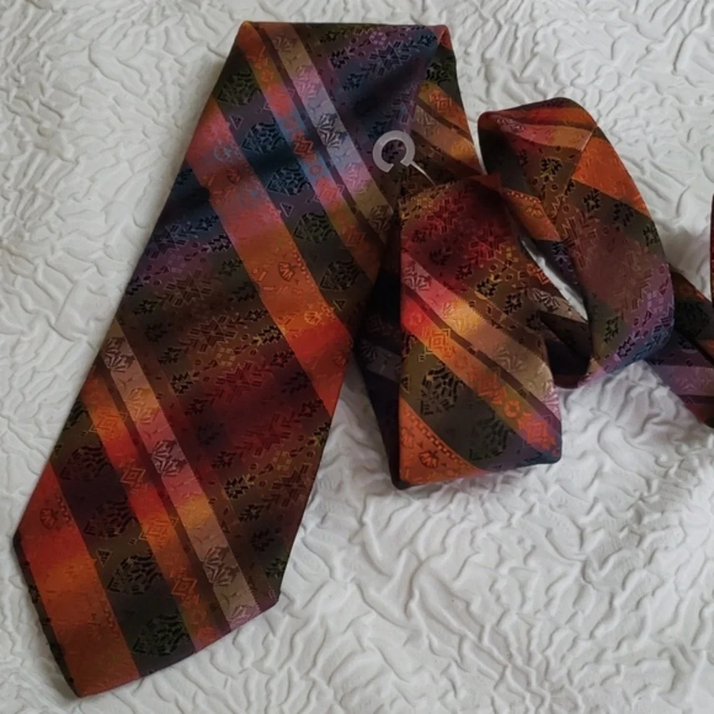 Wembley warm orange strip & print design tie, green blue gold, casual, Y2K